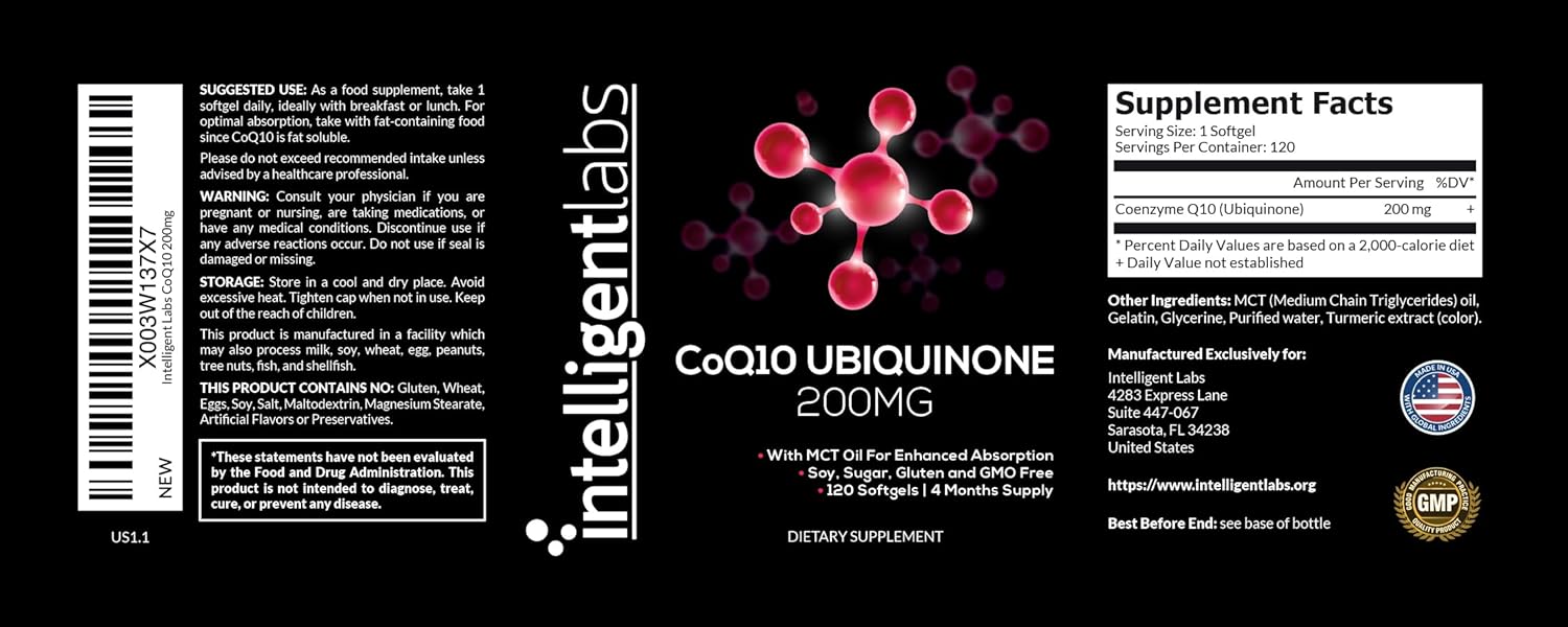 Intelligent Labs CoQ10 Ubiquinone Softgels 200mg | Enhanced Absorption with MCT Oil | 120 Servings, 4 Months Supply | Non-GMO