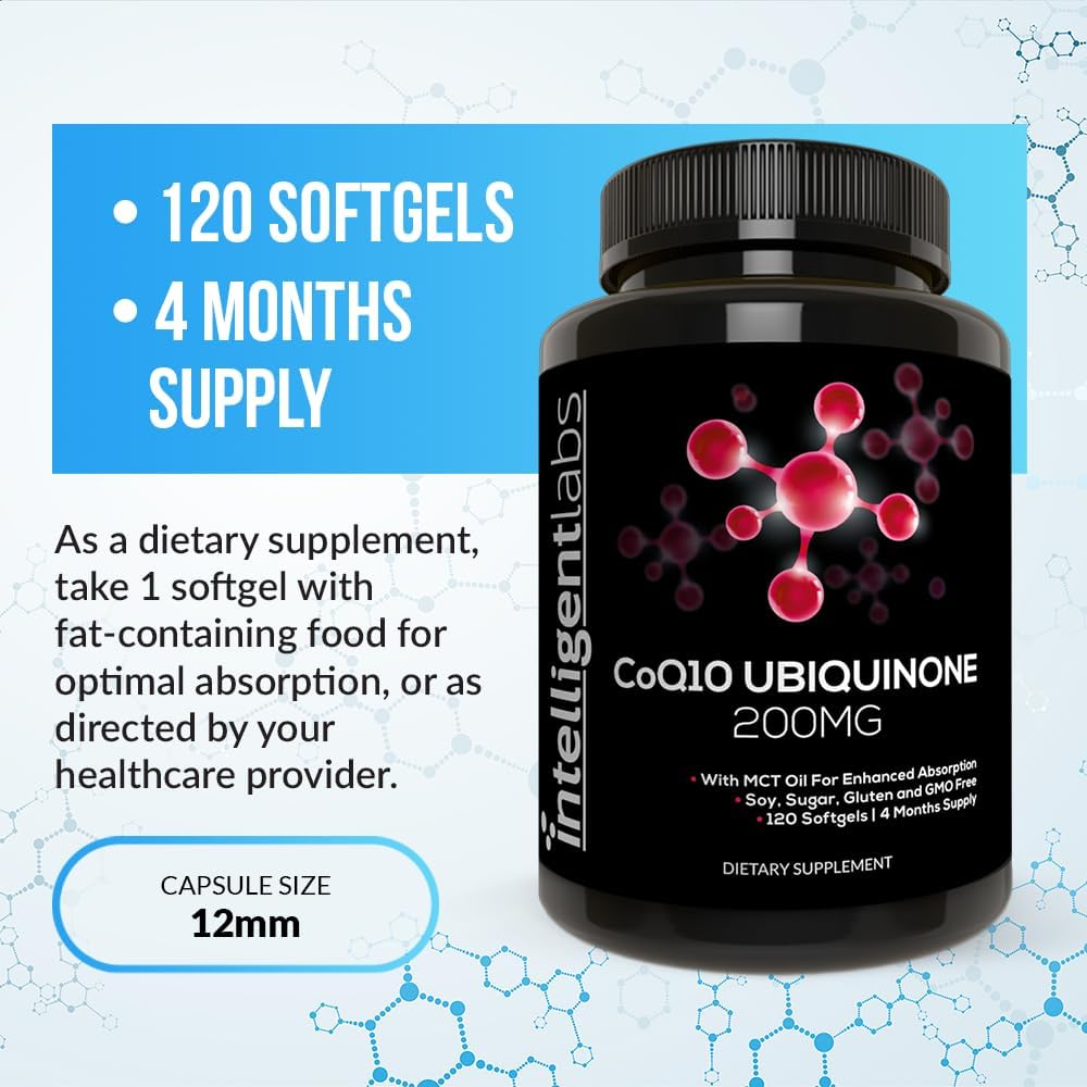 Intelligent Labs CoQ10 Ubiquinone Softgels 200mg | Enhanced Absorption with MCT Oil | 120 Servings, 4 Months Supply | Non-GMO