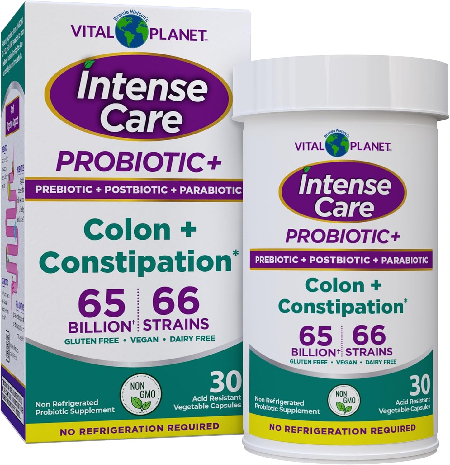 Intense Care Colon & Constipation Probiotics for Adults - 65 Billion CFU, 66 Strains, 30 ct - Complete Health Supplement with Prebiotics, Postbiotics, Parabiotics