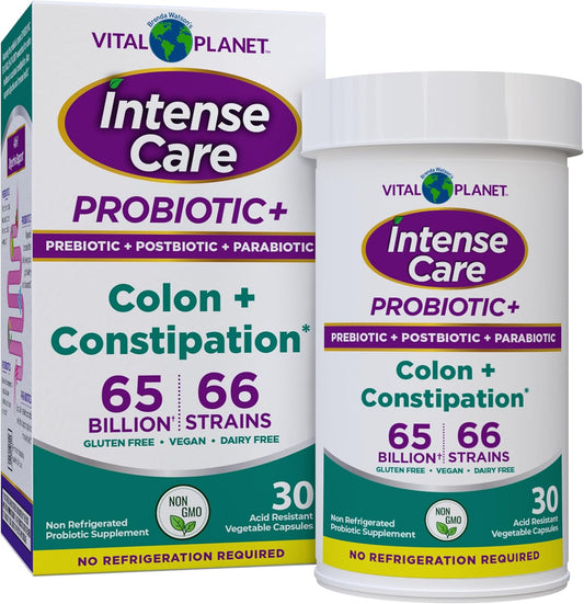 Intense Care Colon & Constipation Probiotics for Adults - 65 Billion CFU, 66 Strains, 30 ct - Complete Health Supplement with Prebiotics, Postbiotics, Parabiotics