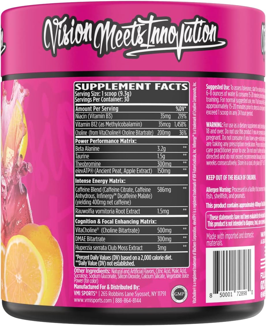 Intense Energy Pre-Workout Powder for Men and Women | VMI Sports K-XR Drink | Creatine-Free Formula | Boosts Performance, Focus, and Endurance | 30 Servings (Pink Lemonade)