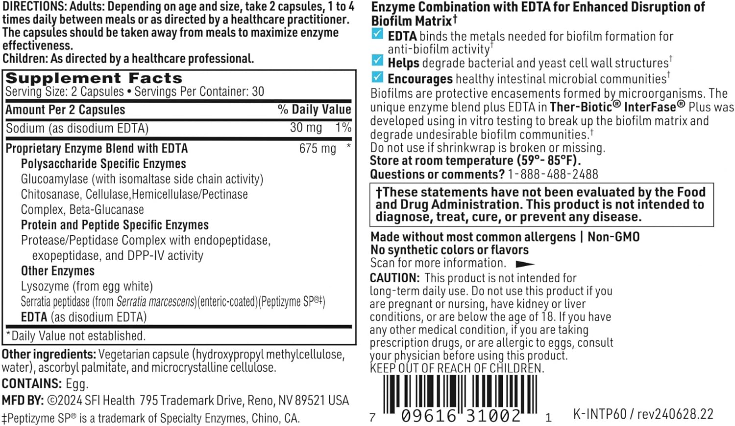 Interfase Plus Enzyme Combination with EDTA - Supports Gastrointestinal Health, Gut Flora, Biofilm Disruption, and Detox - 60 Capsules