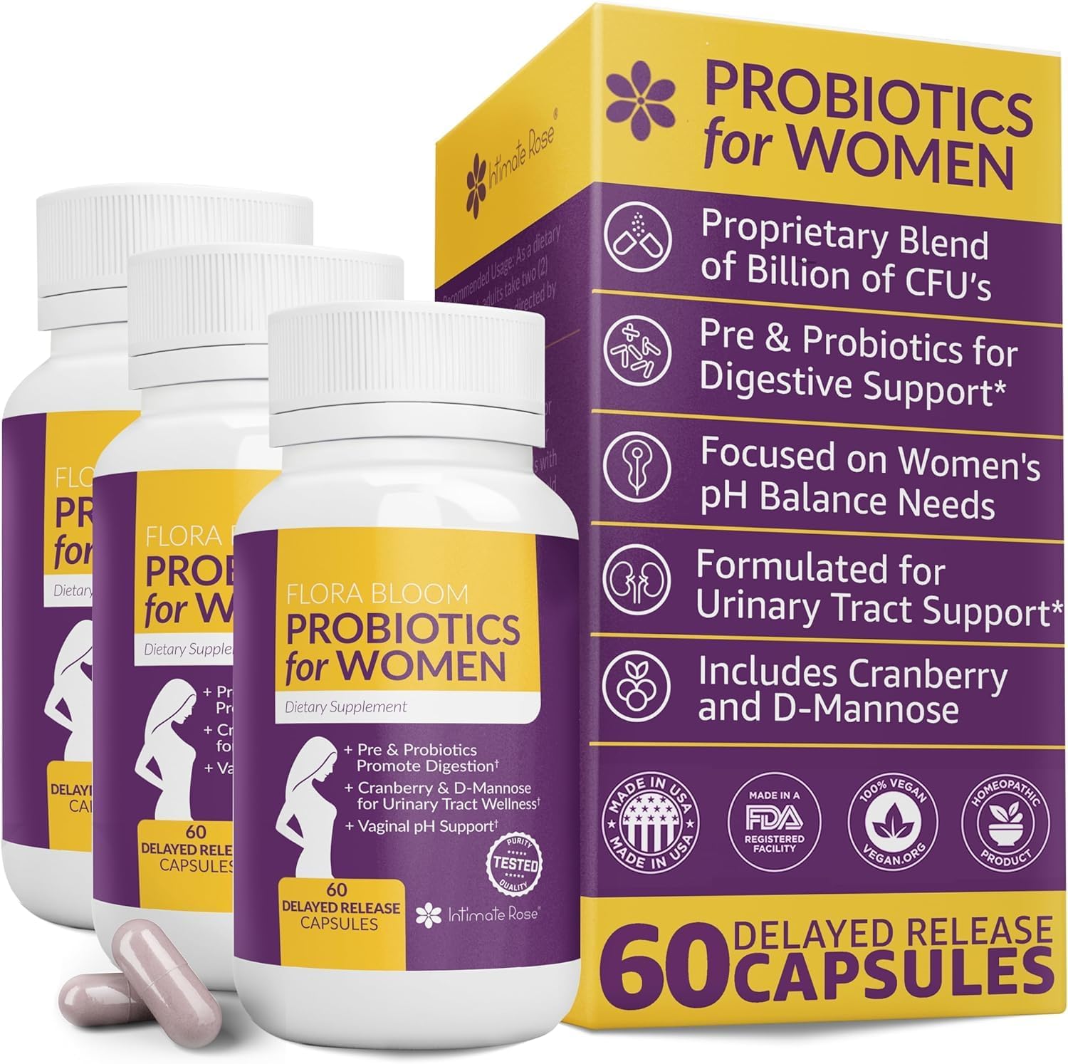 Intimate Rose Ultimate Flora Bloom Probiotic Supplement for Women - 3 Pack (180 Capsules) - pH Balance Formula for Vaginal Health, UTI & BV Relief