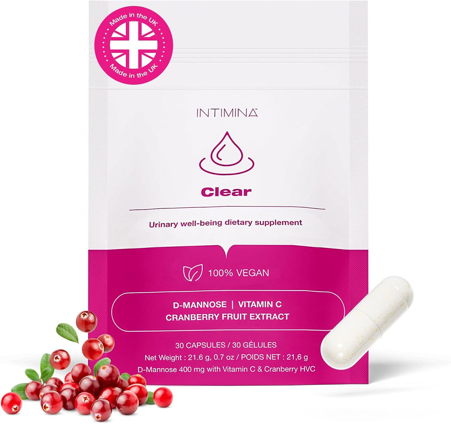 Intimina Clear Women's Urinary Health Supplements with Cranberry, D-Mannose, and Vitamin C for UTI Prevention and Bladder Support