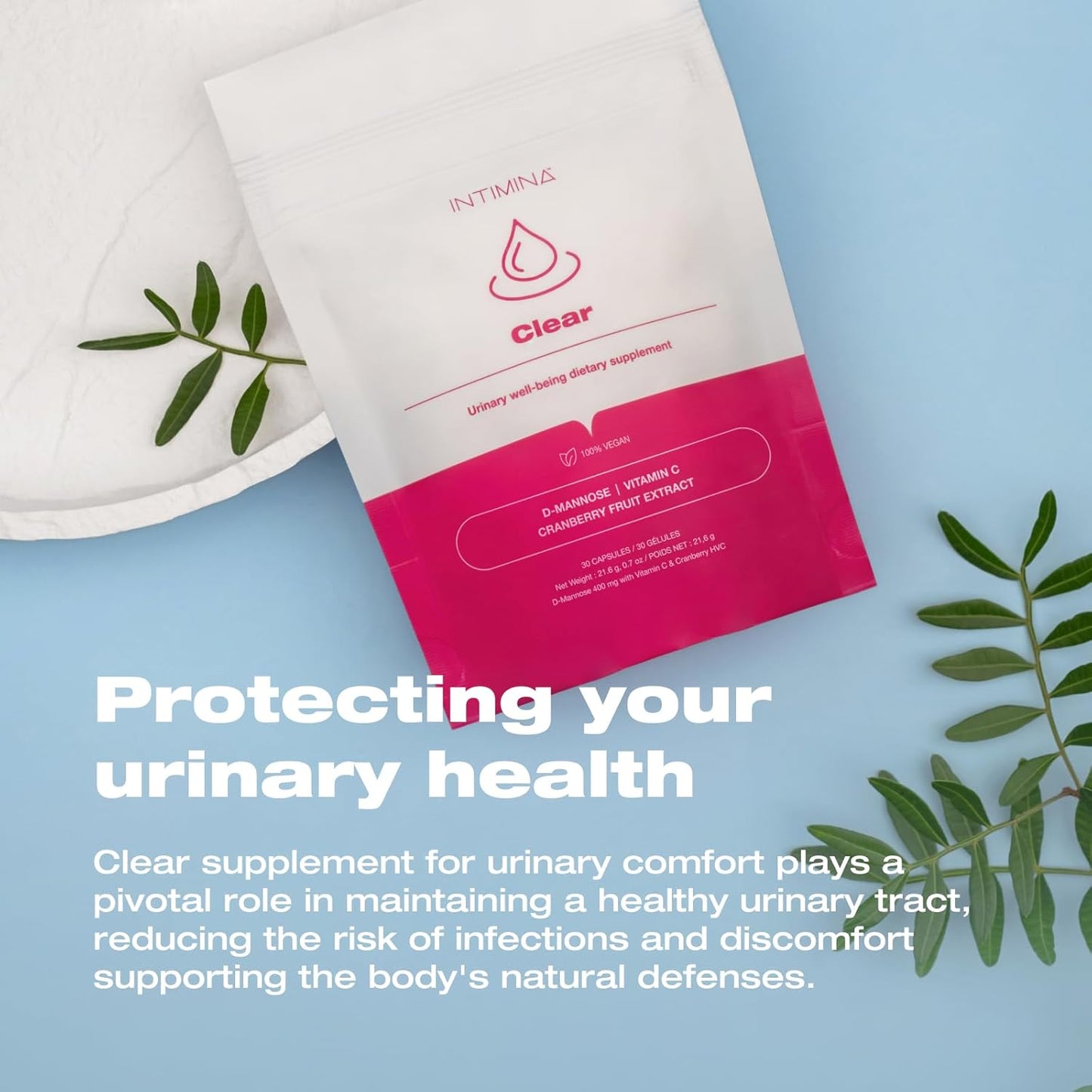 Intimina Clear Women's Urinary Health Supplements with Cranberry, D-Mannose, and Vitamin C for UTI Prevention and Bladder Support