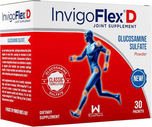 INVIGOFLEX® D - Premium Joint Supplement with 1500mg Glucosamine Sulfate Powder - Supports Knees, Hands, Back, and Hip - 30 Packets