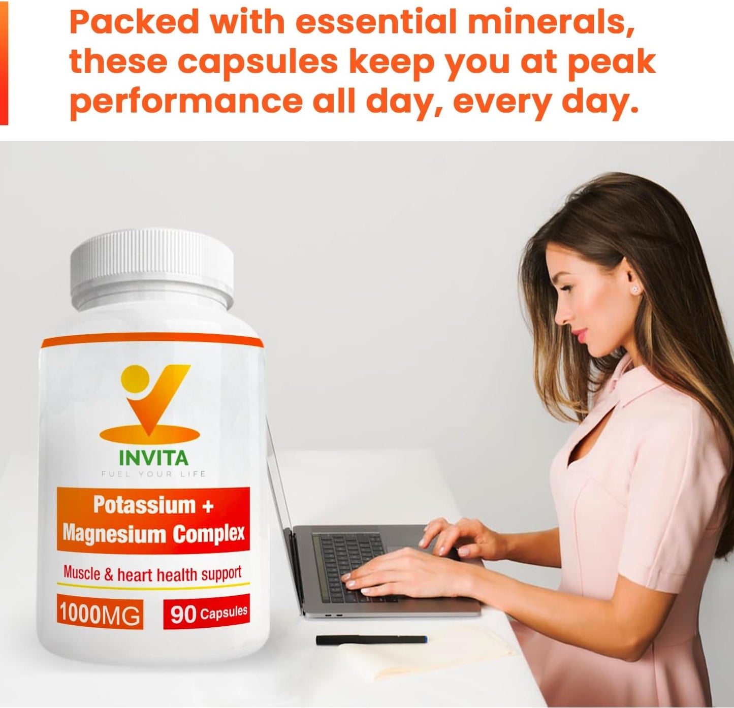 Invita Potassium Magnesium Complex Supplement - High Absorption for Leg and Muscle Support (90 Capsules)