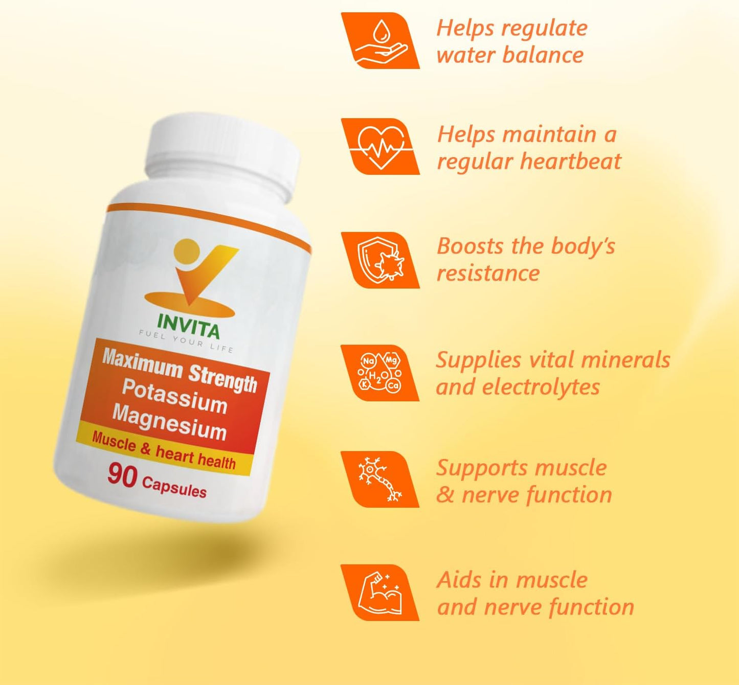 Invita Potassium Magnesium Complex Supplement - High Absorption for Leg and Muscle Support (90 Capsules)