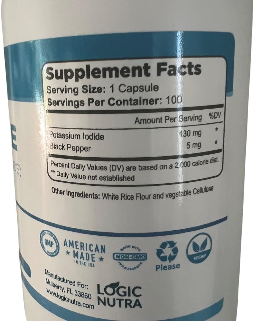 Iodine (Potassium Iodide) 130 mcg Supplement for Thyroid Support - 100 Vegetable Capsules for Healthy Cellular Metabolism