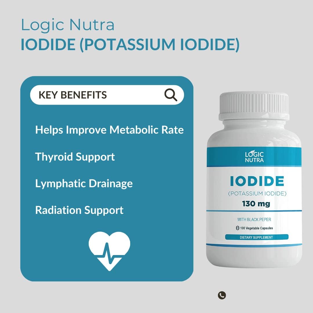 Iodine (Potassium Iodide) 130 mcg Supplement for Thyroid Support - 100 Vegetable Capsules for Healthy Cellular Metabolism