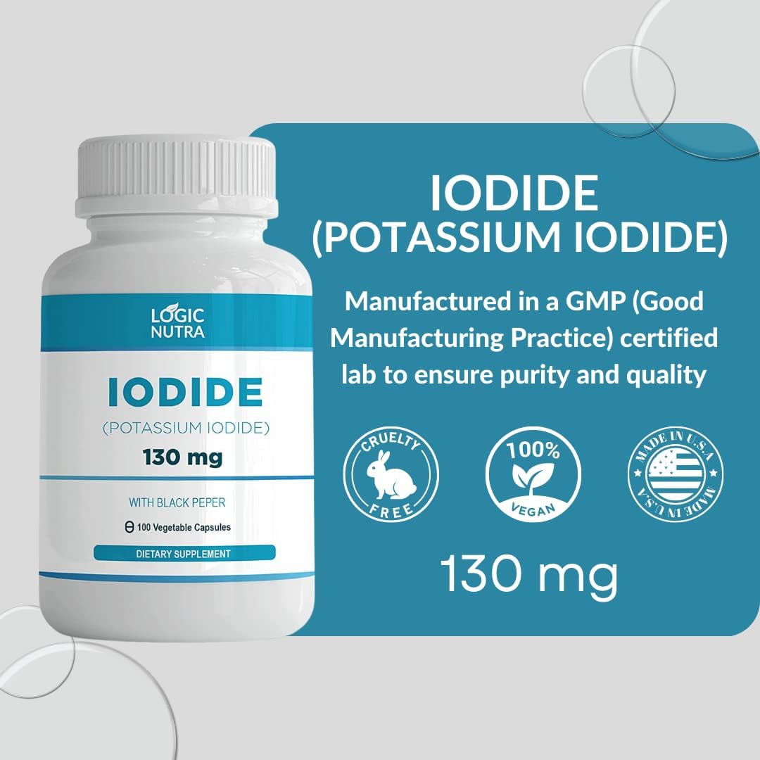 Iodine (Potassium Iodide) 130 mcg Supplement for Thyroid Support - 100 Vegetable Capsules for Healthy Cellular Metabolism