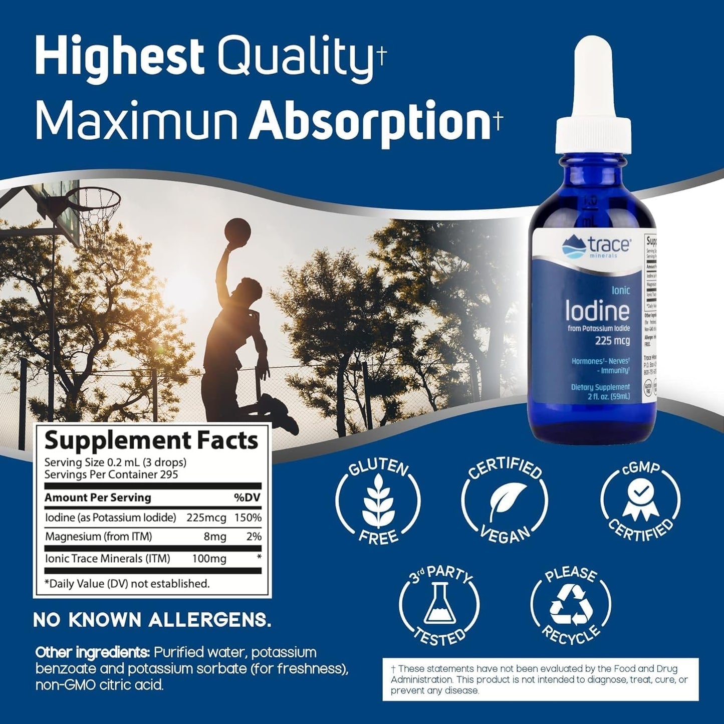 Ionic Iodine Drops with Magnesium - 225 mcg Supplement for Immune & Thyroid Health - Supports Nervous System - 2 fl oz