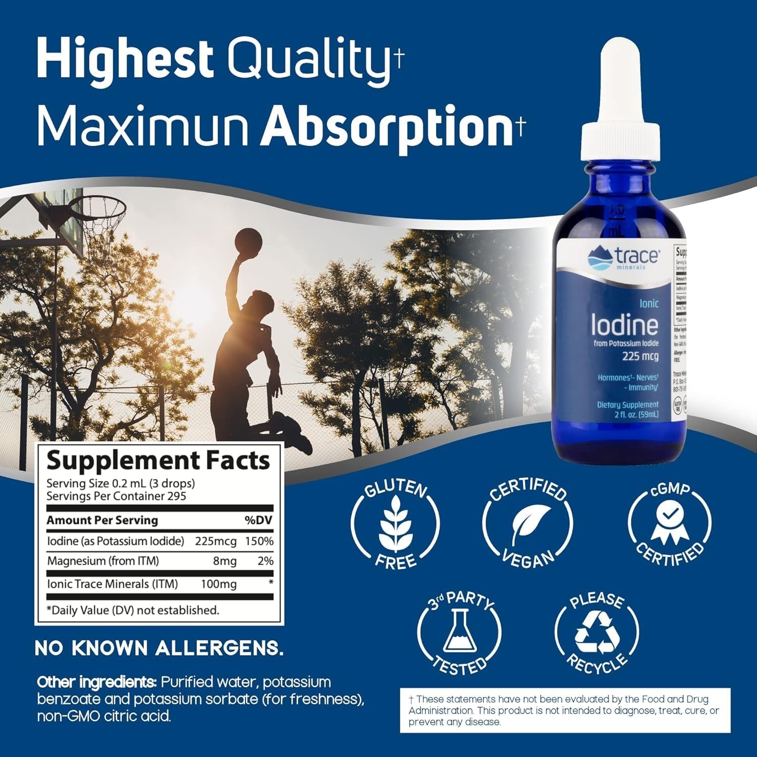 Ionic Iodine Drops with Magnesium - 225 mcg Supplement for Immune & Thyroid Health - Supports Nervous System - 2 fl oz