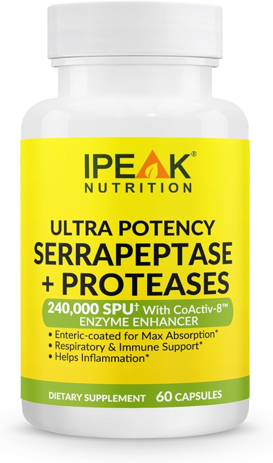 IPEAK Ultra Potency Serrapeptase & Proteases 240,000 SPU Capsules - Immune & Respiratory Support, Optimal Sinus, Heart & Joint Health - Enteric-Coated for Maximum Absorption - 60 Count