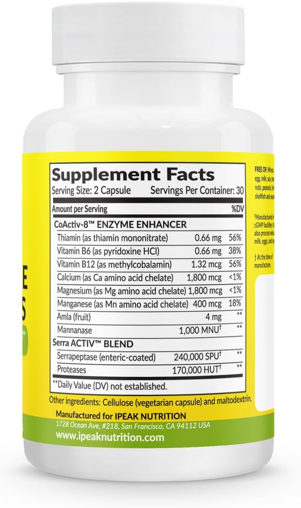 IPEAK Ultra Potency Serrapeptase & Proteases 240,000 SPU Capsules - Immune & Respiratory Support, Optimal Sinus, Heart & Joint Health - Enteric-Coated for Maximum Absorption - 60 Count