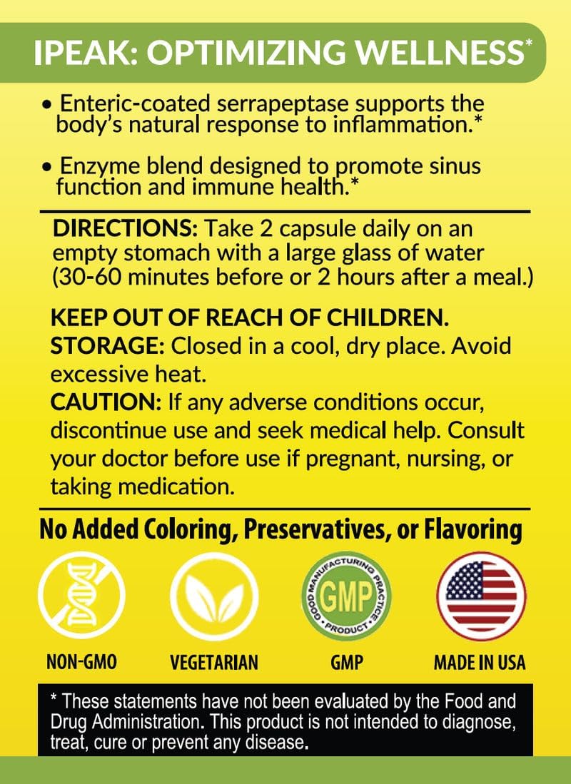 IPEAK Ultra Potency Serrapeptase & Proteases 240,000 SPU Capsules - Immune & Respiratory Support, Optimal Sinus, Heart & Joint Health - Enteric-Coated for Maximum Absorption - 60 Count