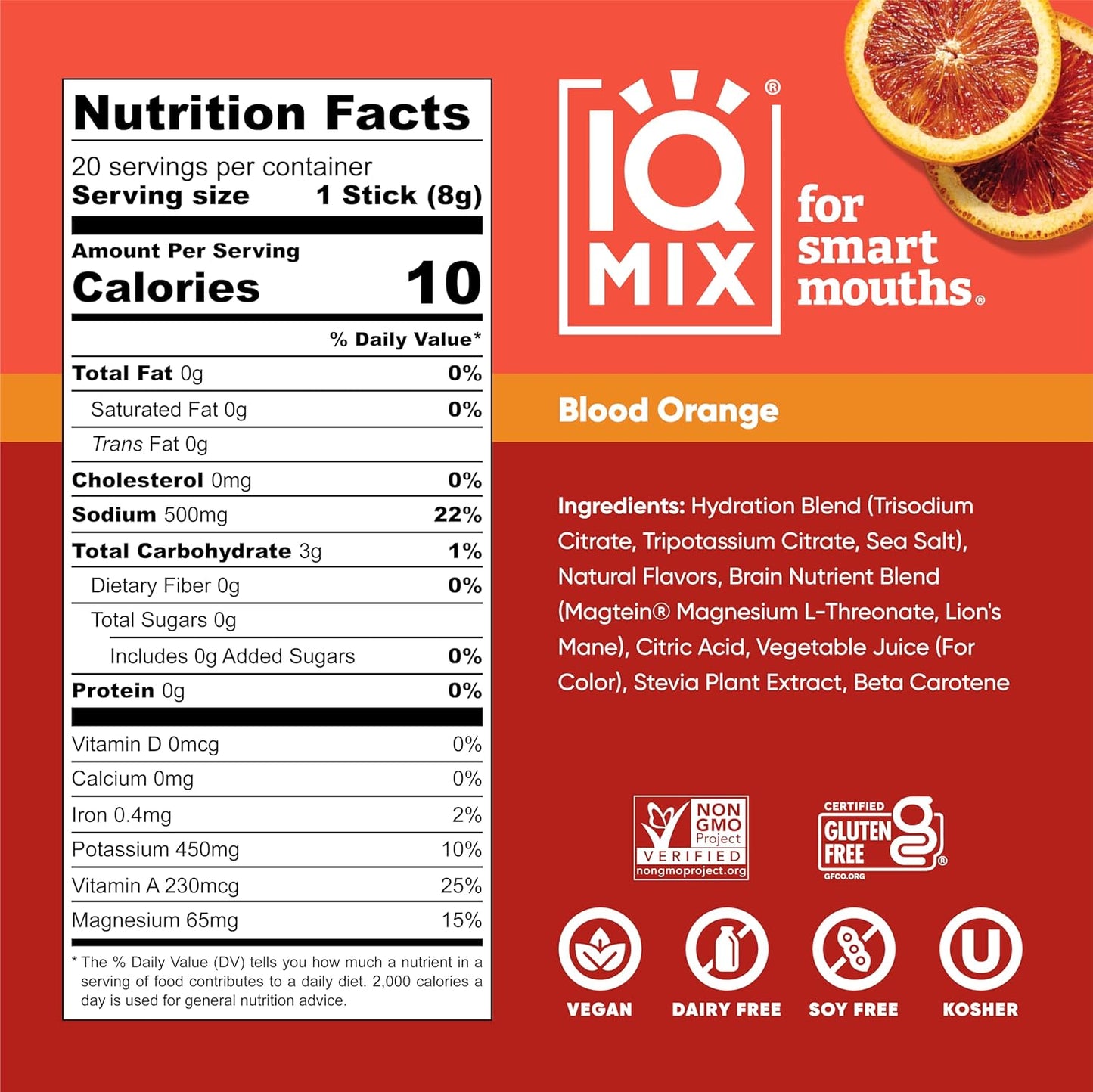 IQBAR IQMIX Electrolyte Powder Packets - Keto Hydration Supplement with Lions Mane, Magnesium, and Potassium - Blood Orange Flavor (20 Count)