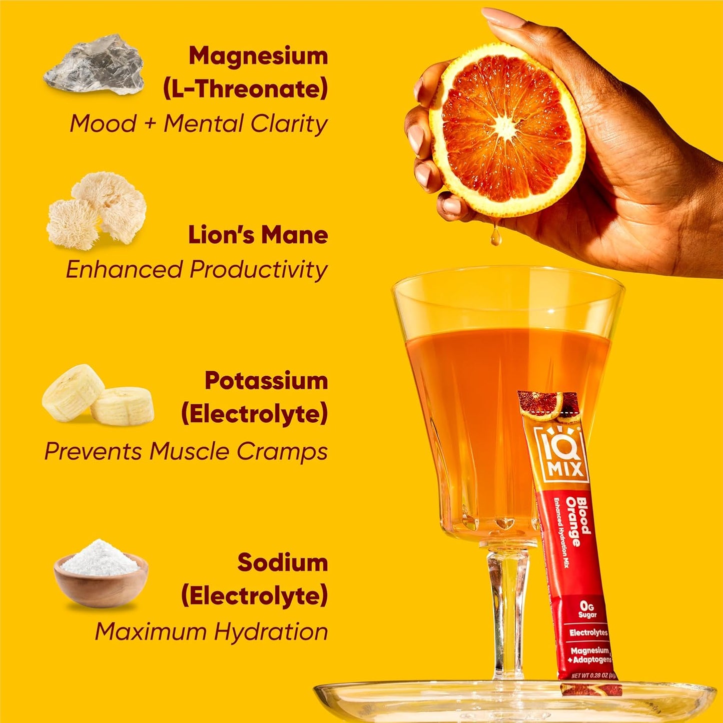 IQBAR IQMIX Electrolyte Powder Packets - Keto Hydration Supplement with Lions Mane, Magnesium, and Potassium - Blood Orange Flavor (20 Count)