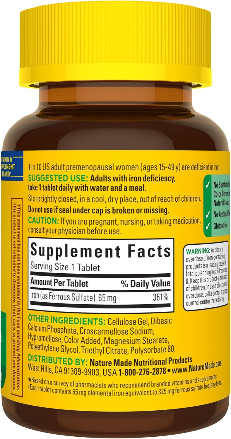 Iron 65 mg Dietary Supplement Tablets for Red Blood Cell Support - 180 Tablets, 180 Day Supply