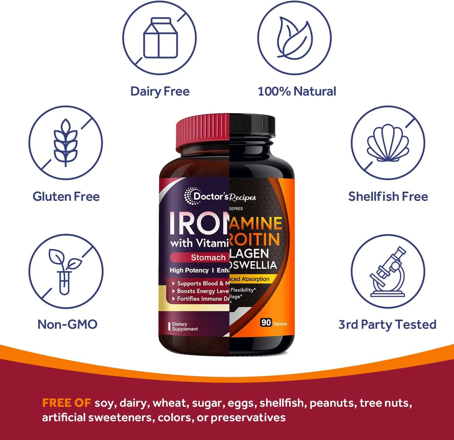 Iron 65 mg & Glucosamine Chondroitin MSM Bundle for Healthy Iron Levels & Joint Comfort - 60 Iron Tablets & 90 Joint Support Tablets