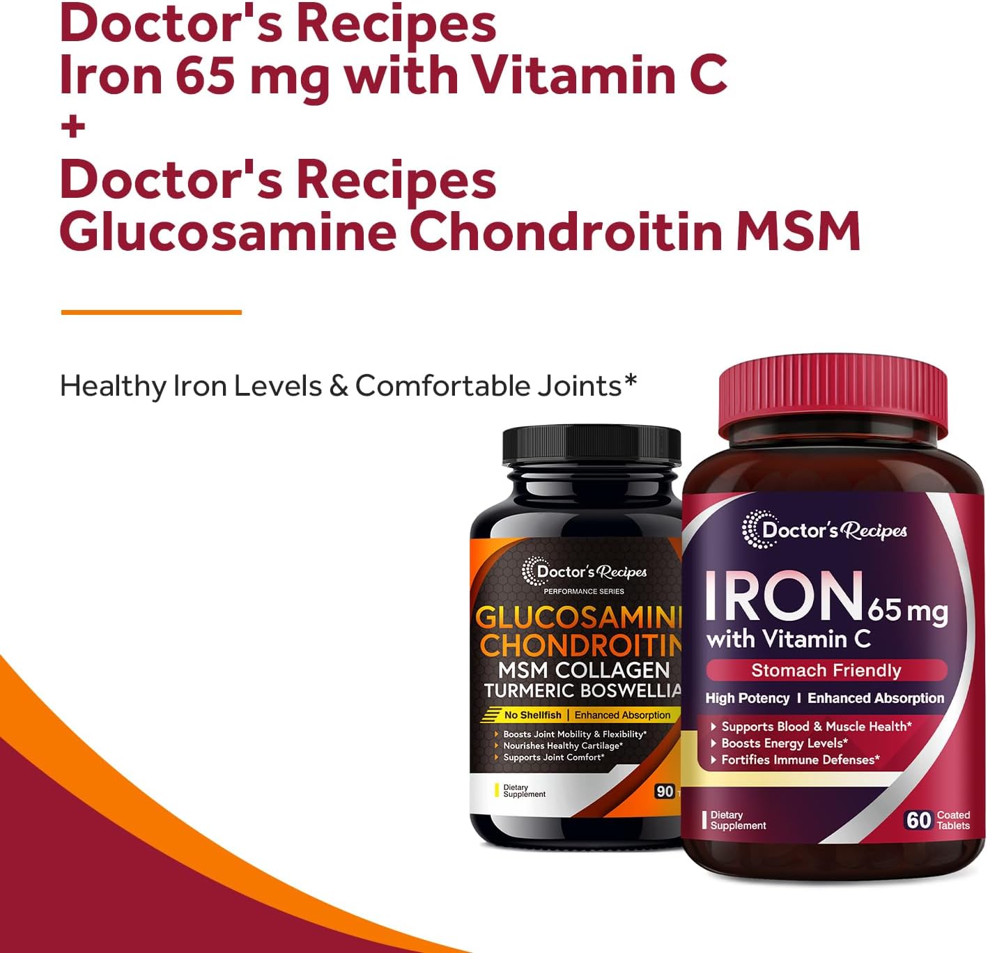Iron 65 mg & Glucosamine Chondroitin MSM Bundle for Healthy Iron Levels & Joint Comfort - 60 Iron Tablets & 90 Joint Support Tablets