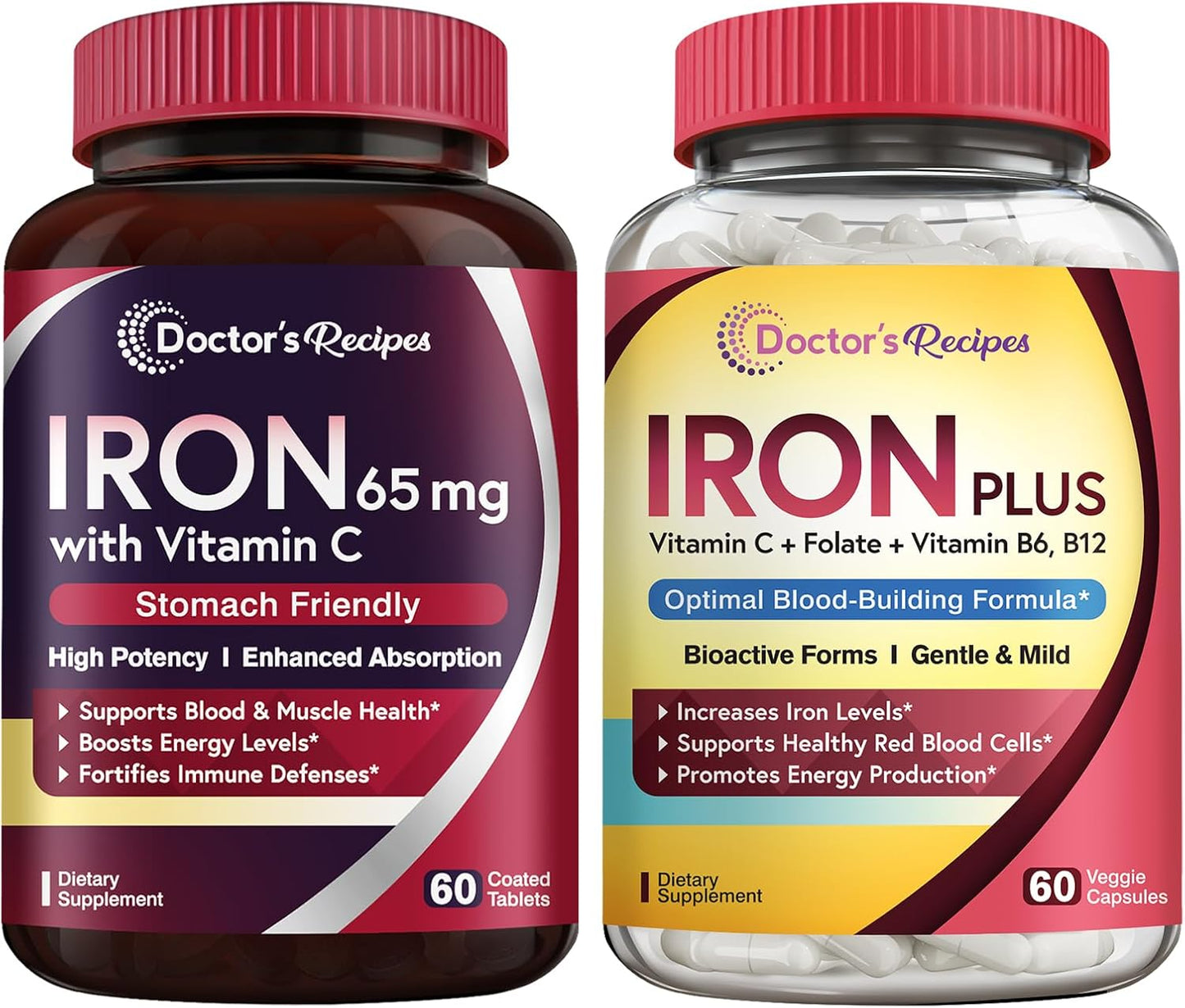 Iron 65 mg Tablets and Iron Plus Capsules Bundle for Healthy Iron Levels and Blood Support - 60 ct Each