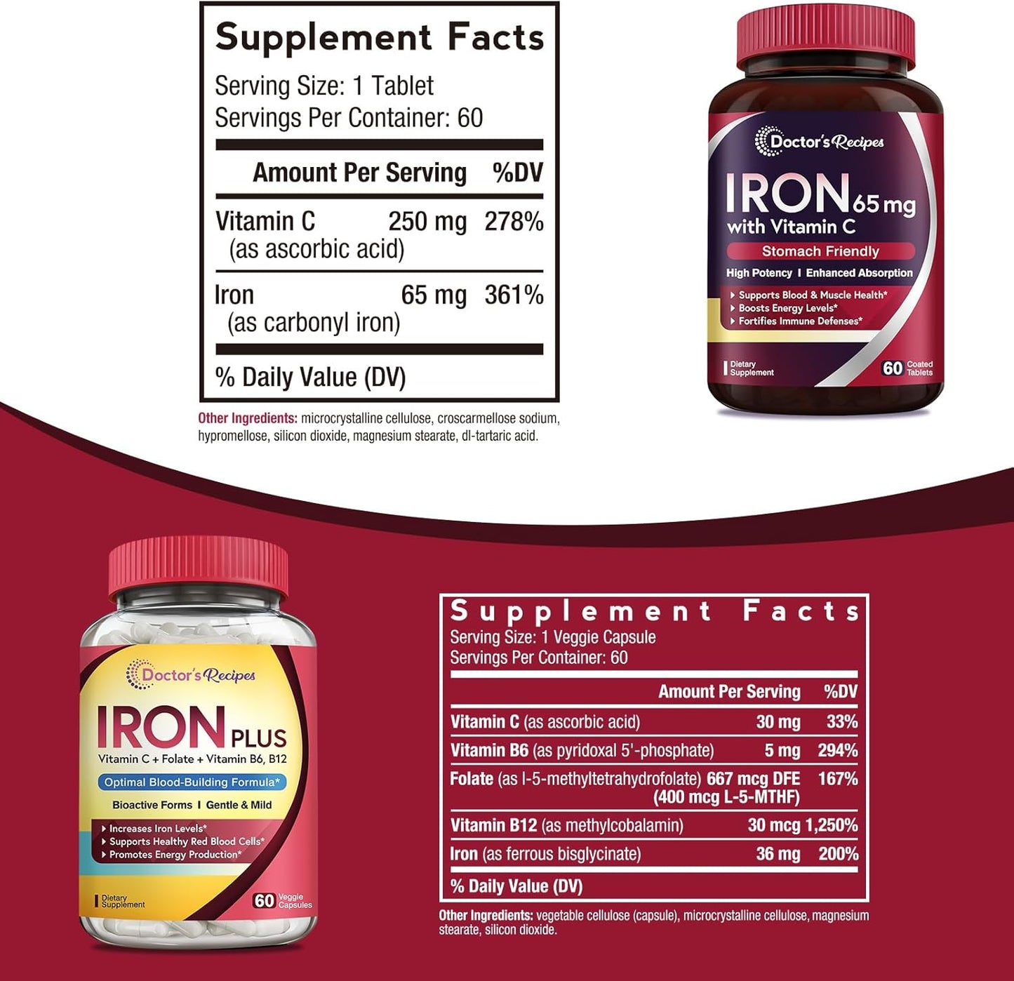 Iron 65 mg Tablets and Iron Plus Capsules Bundle for Healthy Iron Levels and Blood Support - 60 ct Each