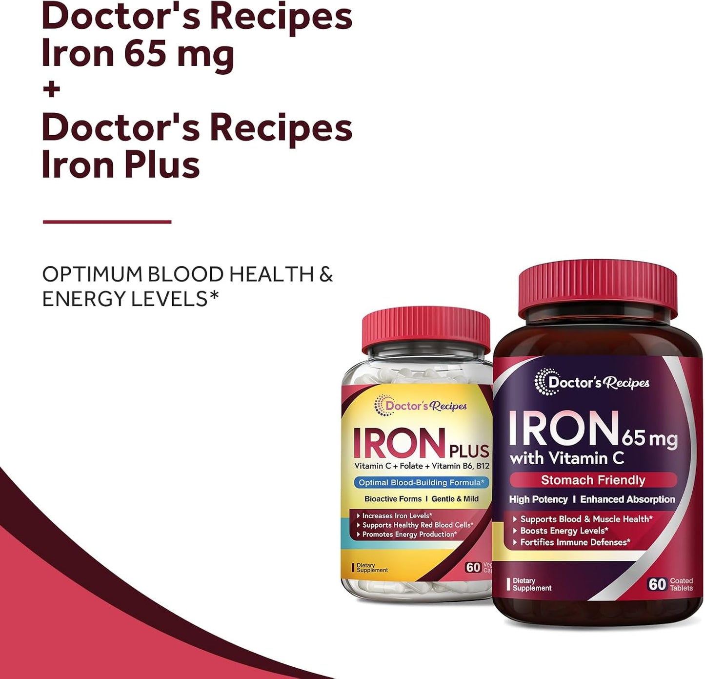 Iron 65 mg Tablets and Iron Plus Capsules Bundle for Healthy Iron Levels and Blood Support - 60 ct Each