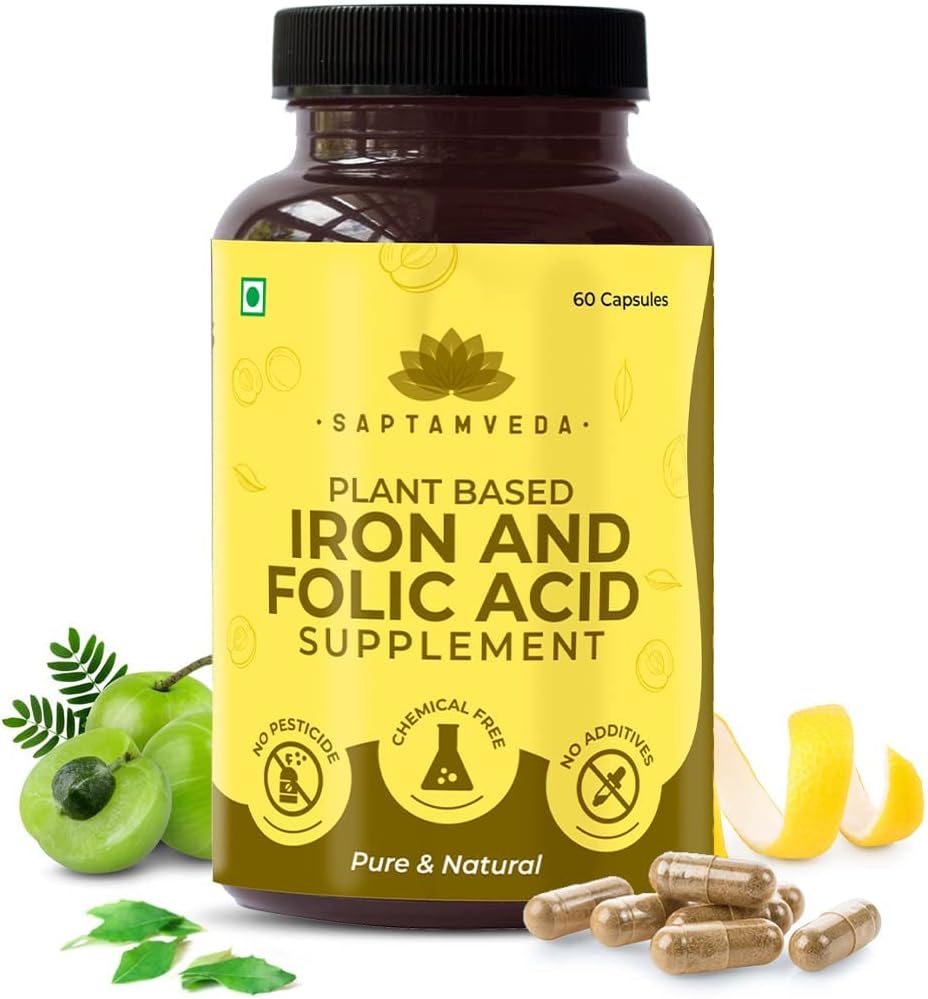 Iron and Folic Acid Supplement with Vitamin C - 60 Vegetarian Capsules for Overall Health and Wellness