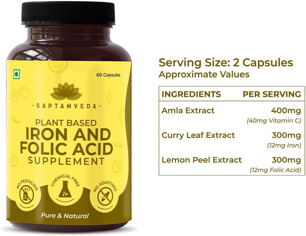 Iron and Folic Acid Supplement with Vitamin C - 60 Vegetarian Capsules for Overall Health and Wellness