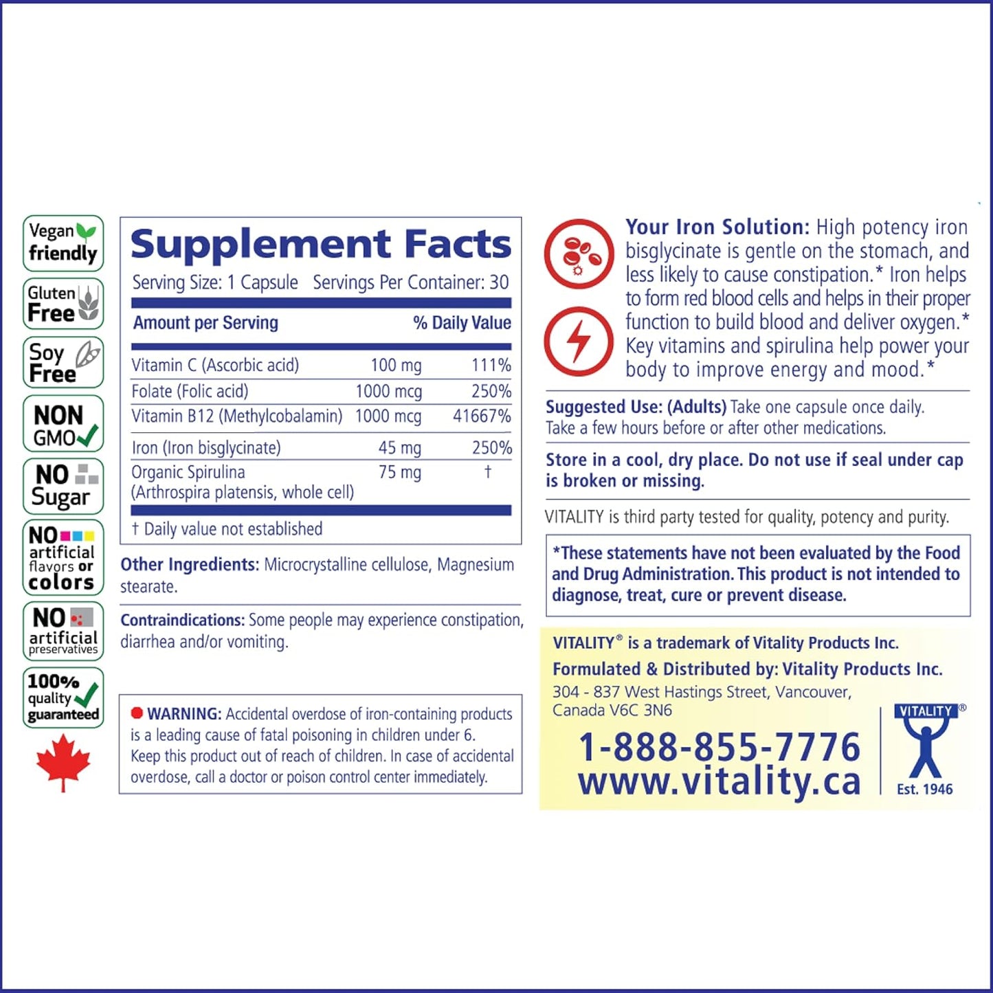 Iron and Spirulina Supplement for Iron Deficiency Support - Vegan Blood Builder with Gentle on Stomach Formula - 45mg Iron - 60 Capsules