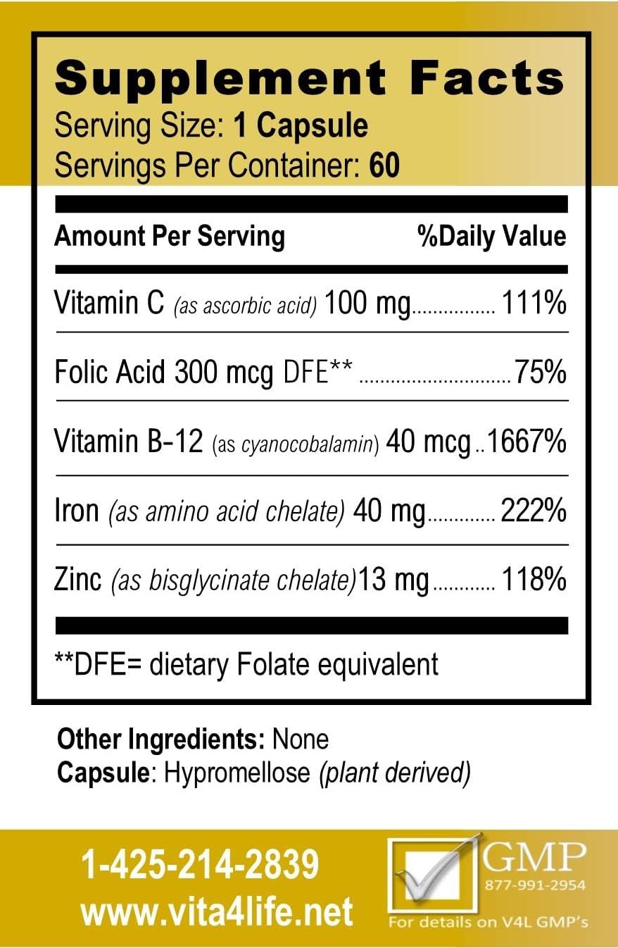 Iron and Vitamin B-12 Bariatric Supplement for Anemia - 60 Count by Vita4Life