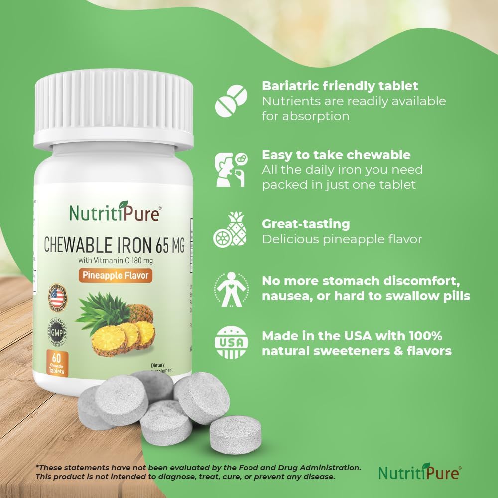 Iron and Vitamin C Chewable Bundle - 65mg, Orange & Pineapple Flavor - 120 Day Supply for Women and Men