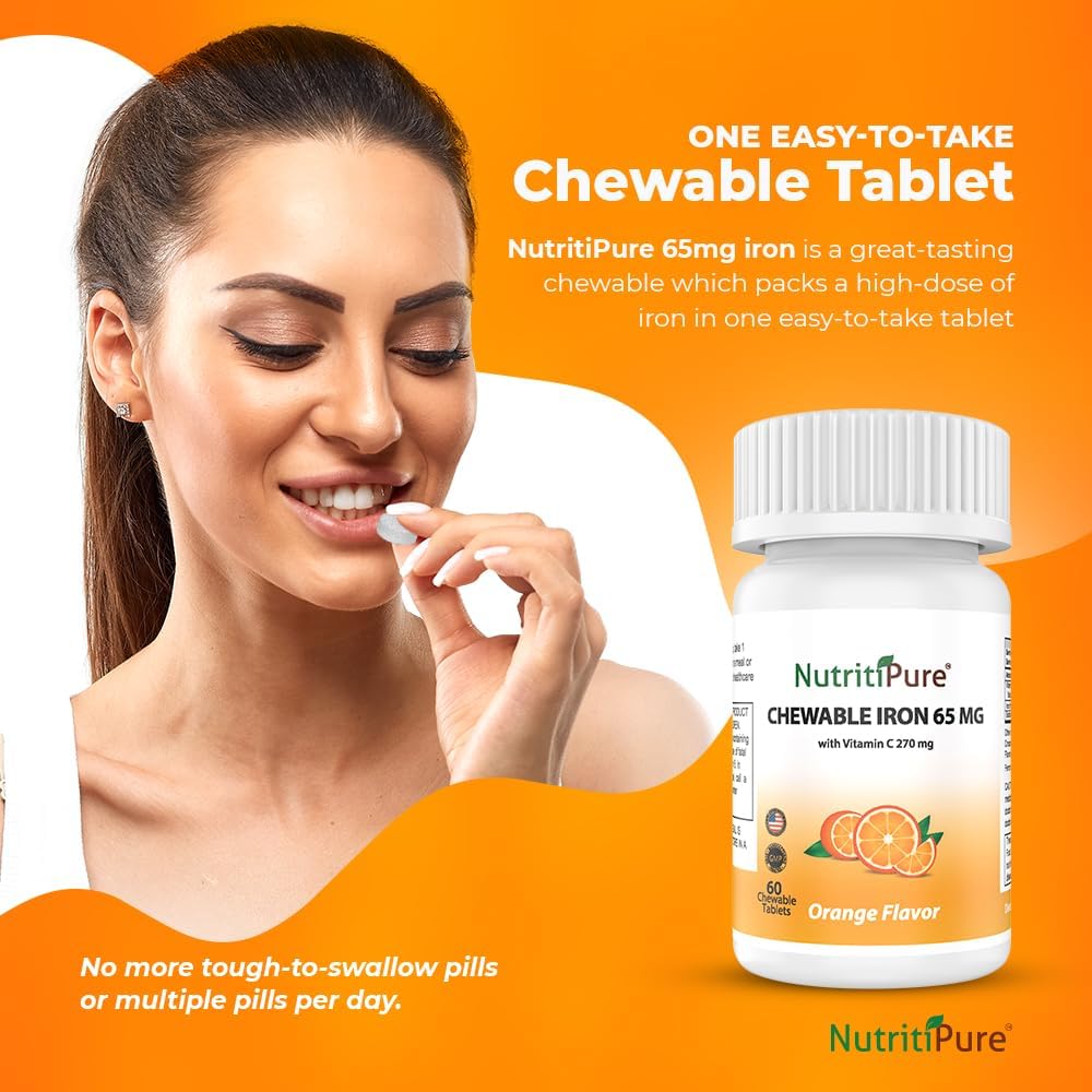 Iron and Vitamin C Chewable Bundle - 65mg, Orange & Pineapple Flavor - 120 Day Supply for Women and Men