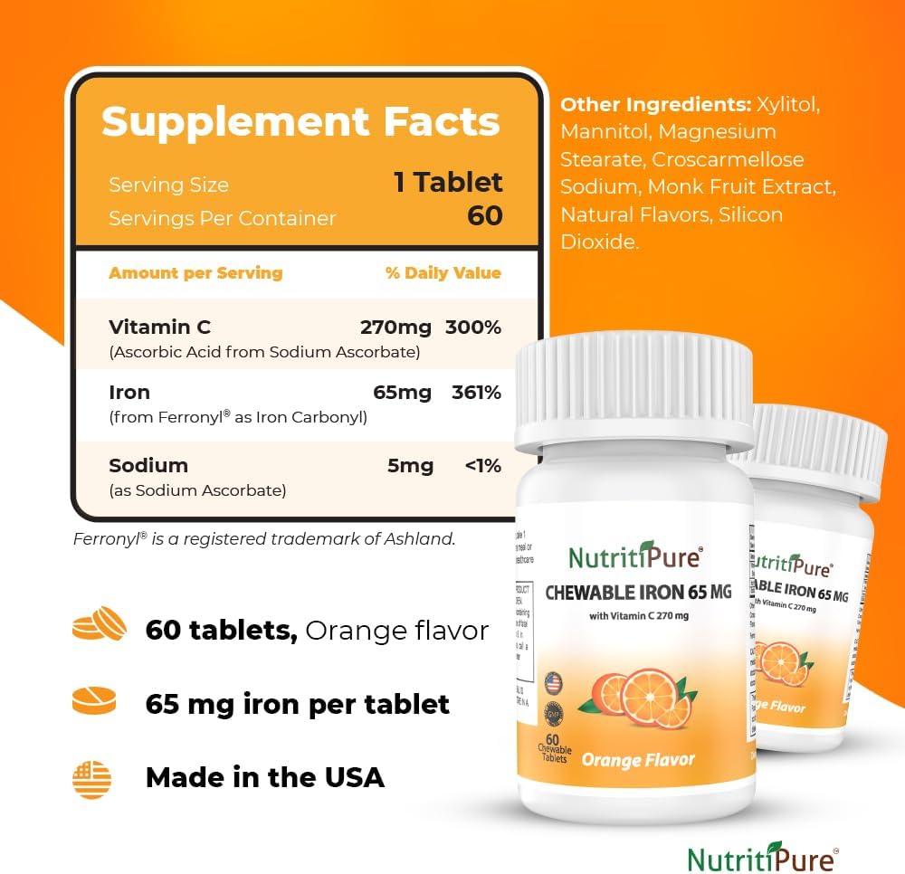 Iron and Vitamin C Chewable Bundle - 65mg, Orange & Pineapple Flavor - 120 Day Supply for Women and Men