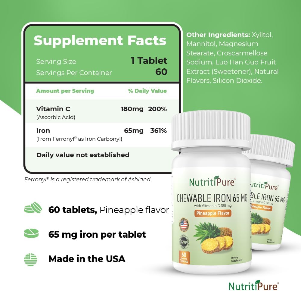 Iron and Vitamin C Chewable Bundle - 65mg, Orange & Pineapple Flavor - 120 Day Supply for Women and Men