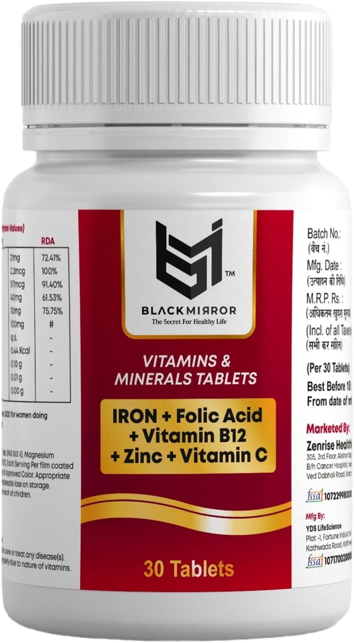 Iron B12 Folic Acid Vitamin C Capsules for Energy, Stamina, Immune Support - 30 Count Pack