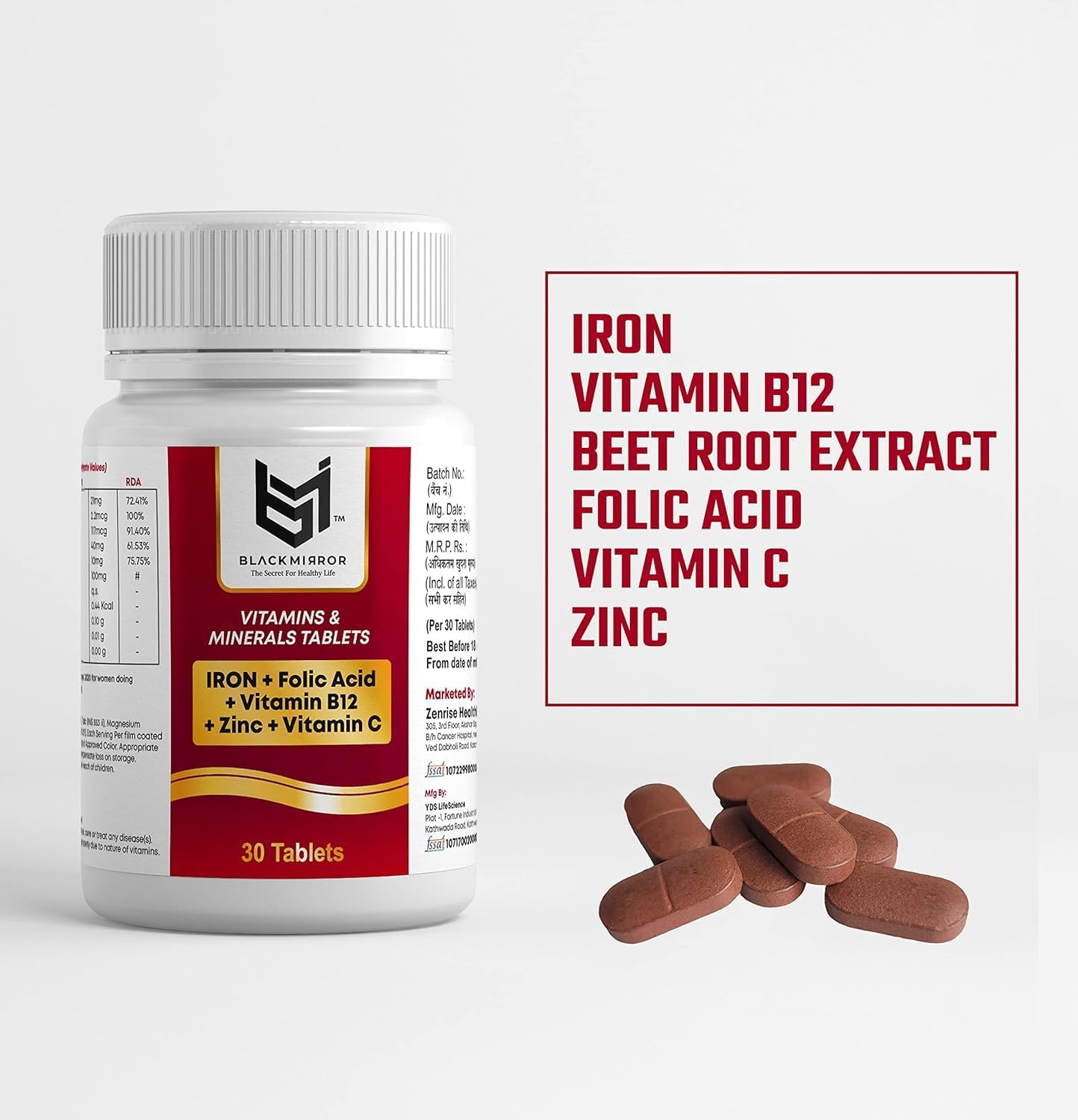 Iron B12 Folic Acid Vitamin C Capsules for Energy, Stamina, Immune Support - 30 Count Pack