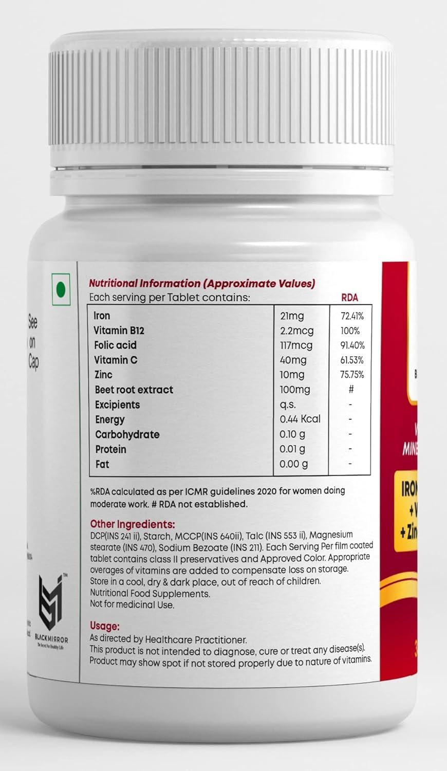 Iron B12 Folic Acid Vitamin C Capsules for Energy, Stamina, Immune Support - 30 Count Pack