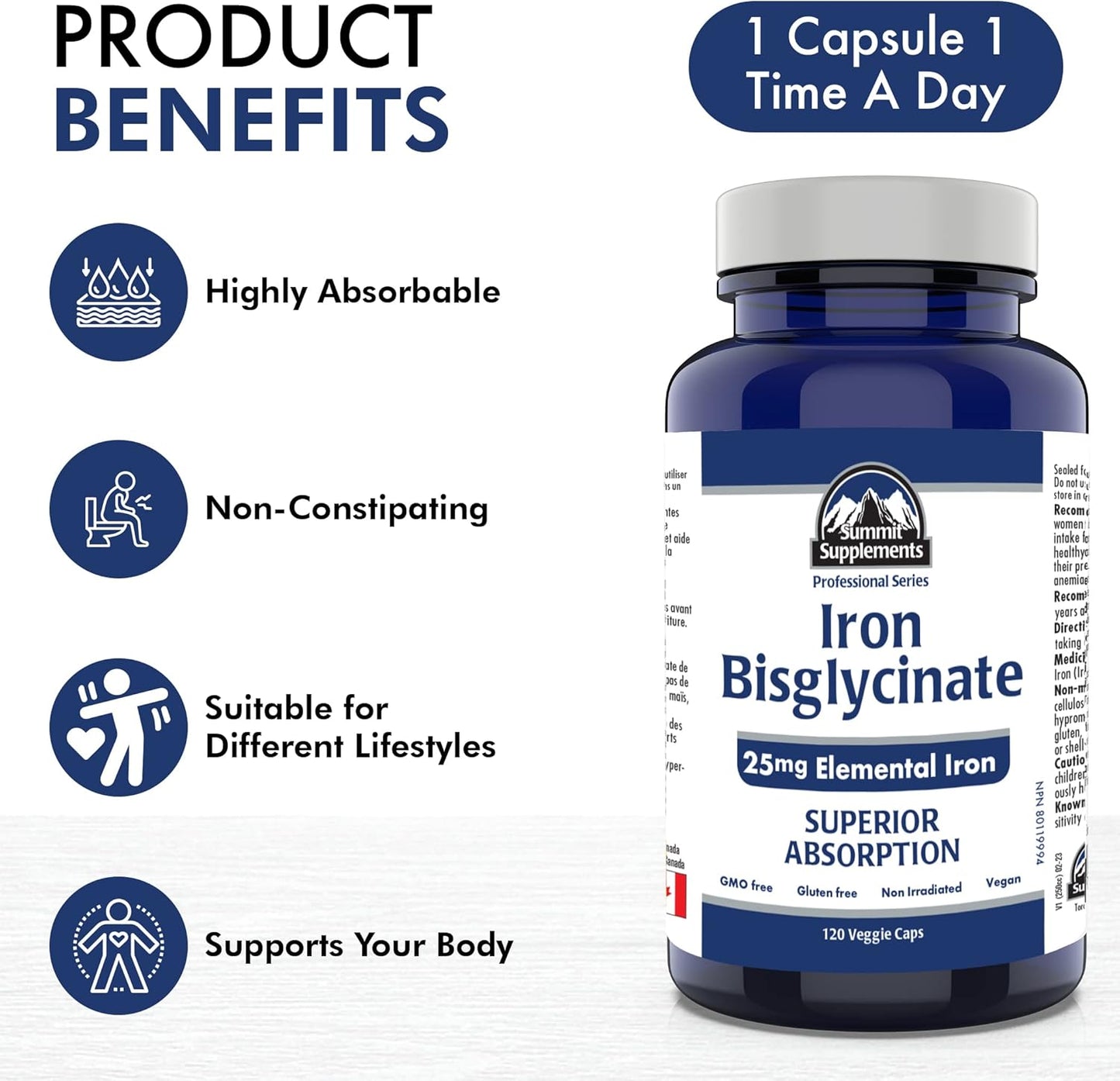 Iron Bisglycinate Supplement for Pregnancy - 25mg Elemental Iron Capsules - Deficiency Support for Women - 3rd Party Tested - Made in Canada