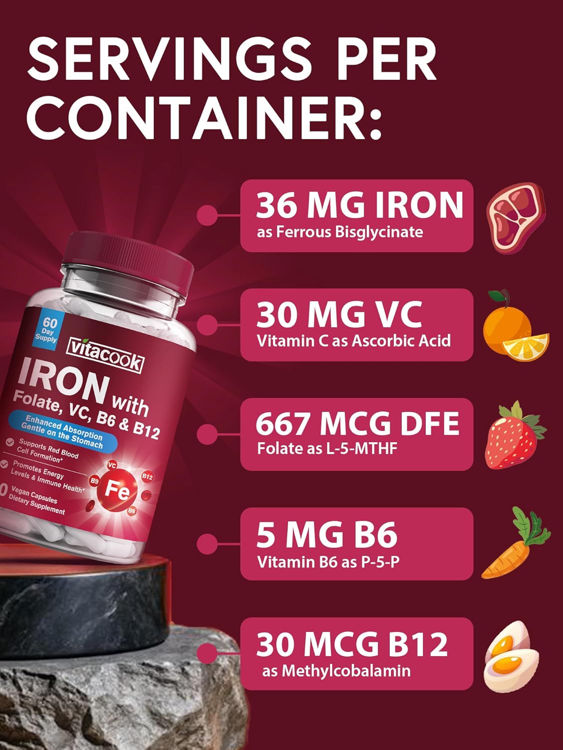 Iron Bisglycinate Supplement with Vitamin C, B6, B12, Folate - Stomach Friendly, Non-Constipating for Energy & Blood Health