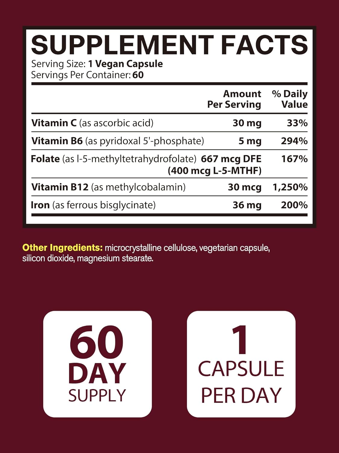 Iron Bisglycinate Supplement with Vitamin C, B6, B12, Folate - Stomach Friendly, Non-Constipating for Energy & Blood Health