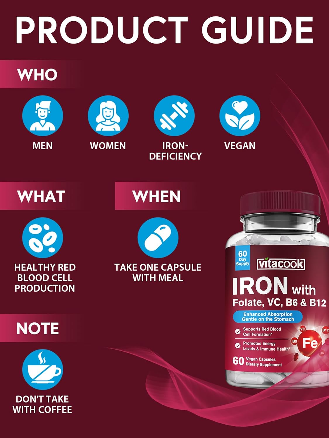 Iron Bisglycinate Supplement with Vitamin C, B6, B12, Folate - Stomach Friendly, Non-Constipating for Energy & Blood Health