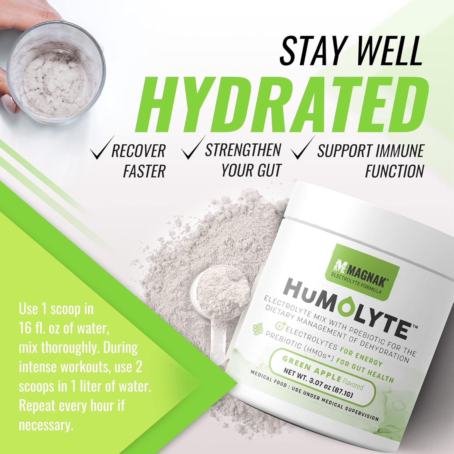 Iron Cowboy's MagNaK Speed Sauce: Humolyte Electrolyte Powder for Chemotherapy Patients - Patented HMO Formula for Gut Health & Hydration - Prebiotic, Gluten-Free, Green Apple Flavor - 3.07 oz