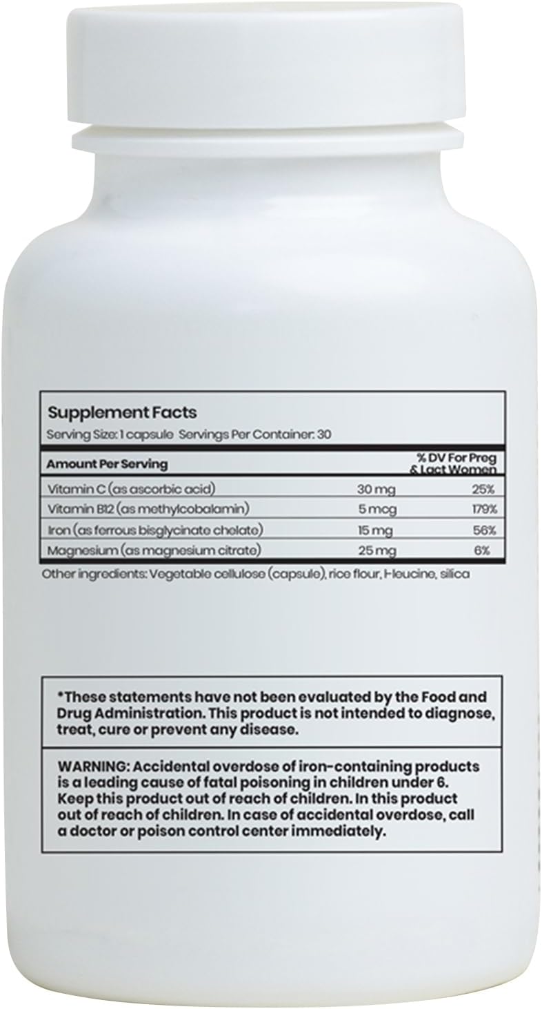 Iron Ease Daily Supplement - 15mg Iron Capsules with Vitamin C & Magnesium - For Women, New Mothers, & Men - Non GMO, Dairy/Gluten/Soy Free - 30 Pills