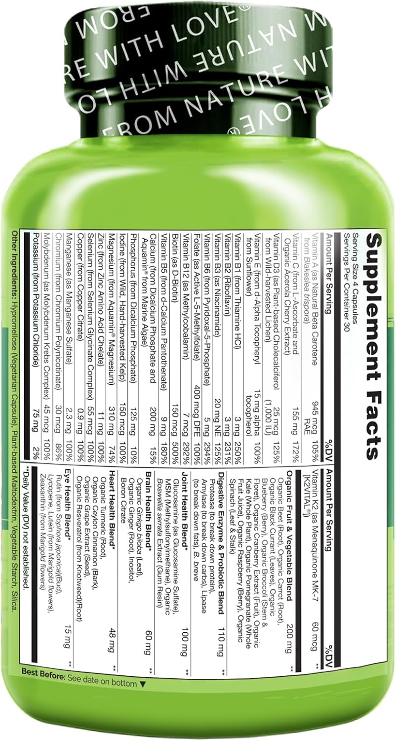 Iron-Free Whole Food Multivitamin for Women Over 50 - 120 Vegan Capsules, Non-GMO, Post Menopausal Supplement