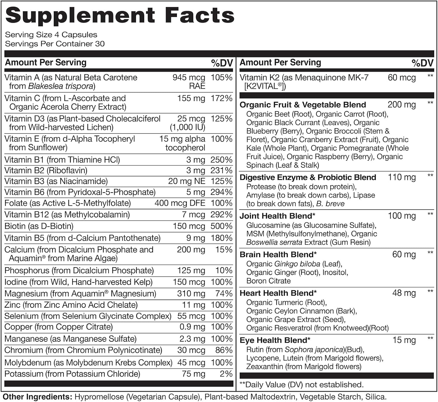 Iron-Free Whole Food Multivitamin for Women Over 50 - 120 Vegan Capsules, Non-GMO, Post Menopausal Supplement