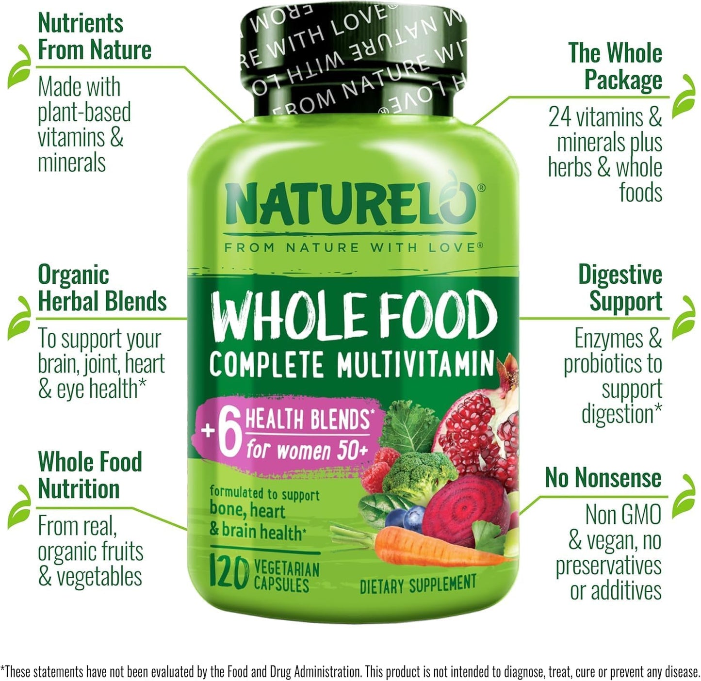 Iron-Free Whole Food Multivitamin for Women Over 50 - 120 Vegan Capsules, Non-GMO, Post Menopausal Supplement