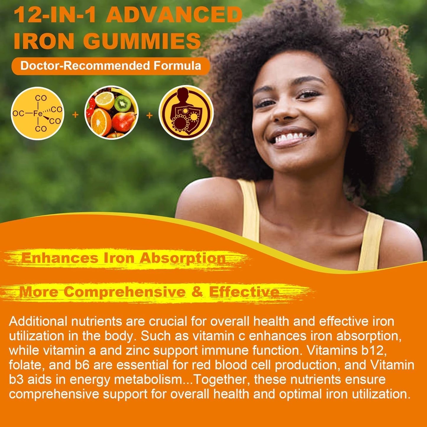 Iron Gummies for Women and Men - Non-Constipating 25mg Gentle Iron Supplement with Turmeric, Vitamin C, B12, Folate - Vegan and Tasty - 2 Pack