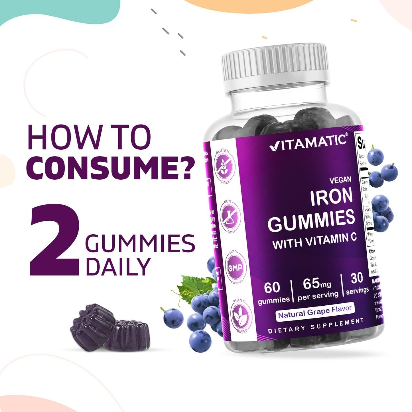 Iron Gummies Supplement 65 mg for Women & Men - 60 Vegan Gummies - Tasty Iron Vitamin with Vitamin C